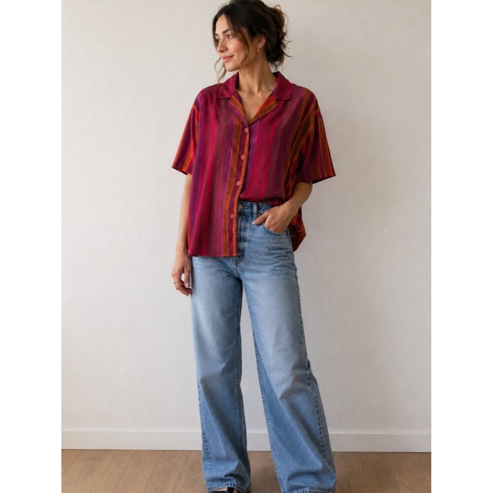 Vintage Teddi 90s Striped Blouse Women’s Large Red Pink Orange Button Front
